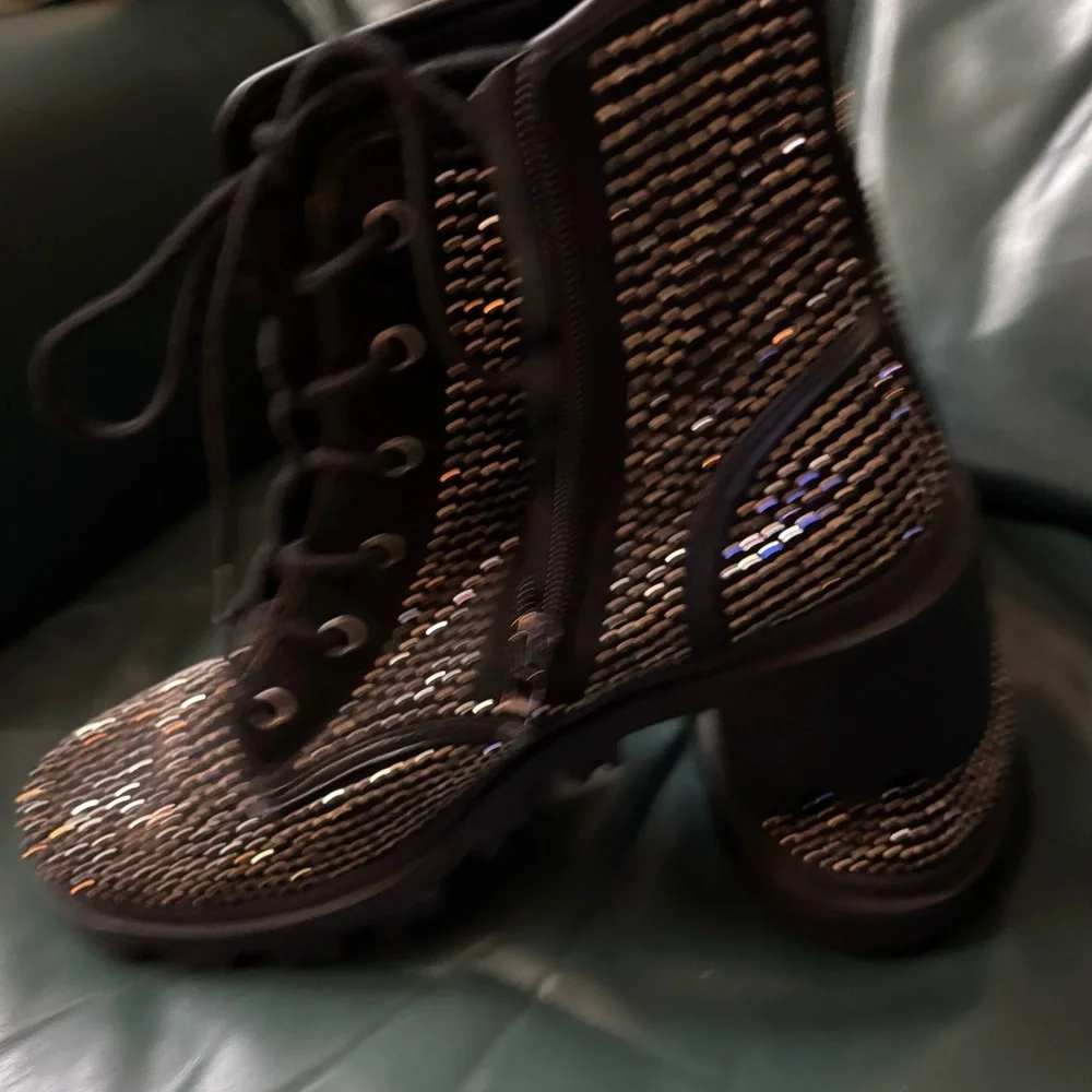 NEW! Sz 9 Madden Girl Black Studded Lace Up look - easy on ZIP ON side Boots - Picture 5 of 12